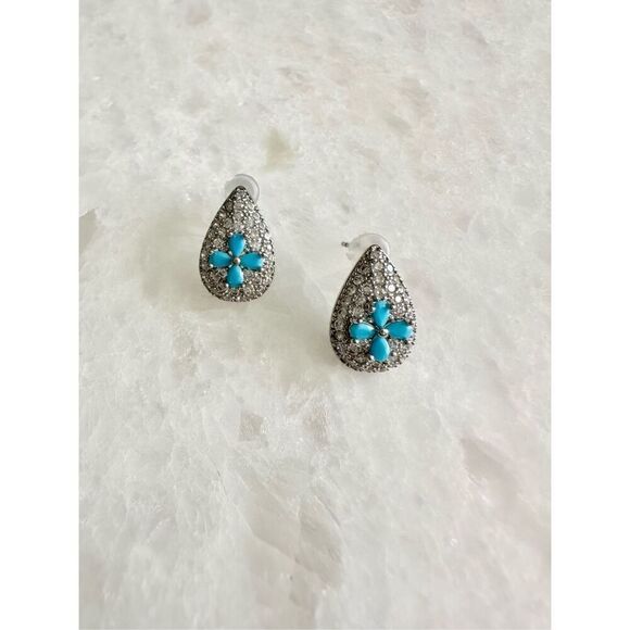 Cubic zirconia turquoise blue flower teardrop earrings ￼ - Picture 1 of 2